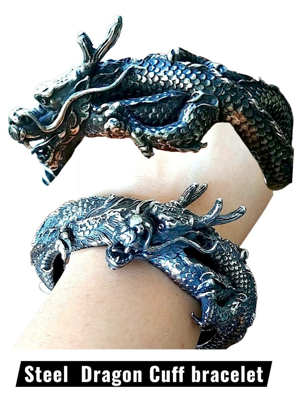 🐲 Japanese Dragon 3D Cuff Bangle Bracelet – STEEL - Y2K Cyberpunk Unisex NWT